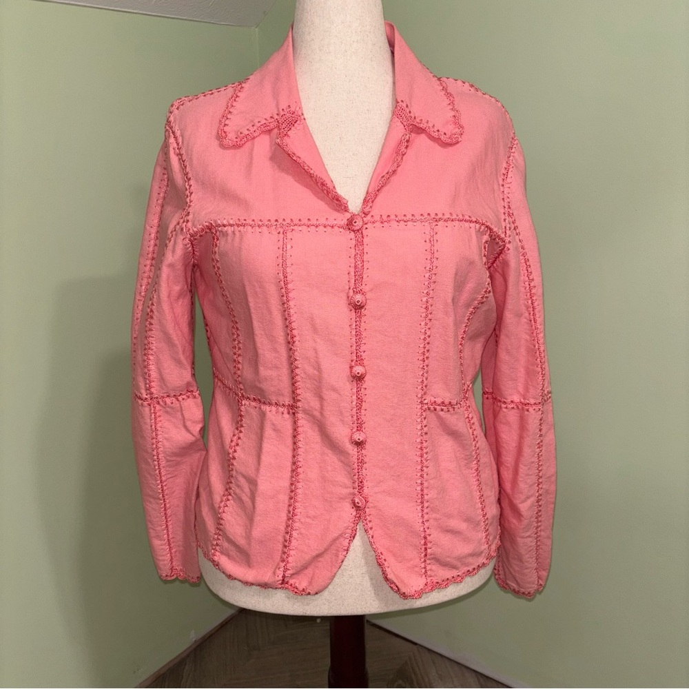 Vtg Unbranded Pink Patchwork Button Up Jacket Emb… - image 1